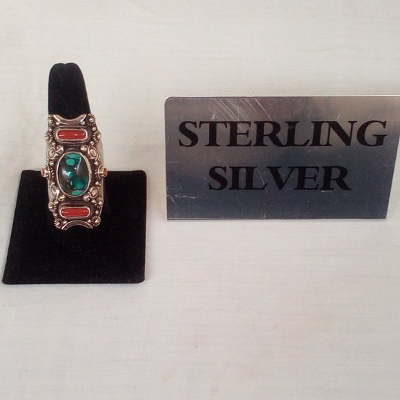 Sterling Silver Turquoise and Red Coral Ring: Size (10). Unisex. New - Picture 2 of 12